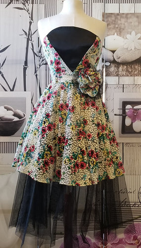 Rose Print, Black Lace Cocktail Dress