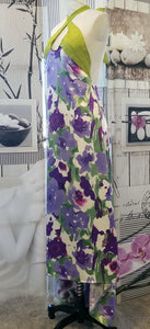 GUD012 Floral Purple Satin Print Keyhole on Front/Open Back Dress